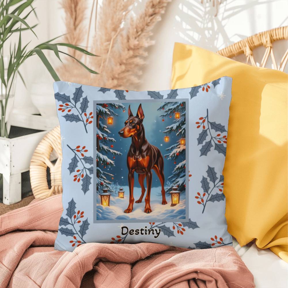 Doberman Red & Rust Pillow - Holiday Doberman throw pillow, festive winter dog decor, indoor cozy accent