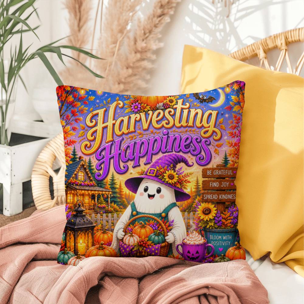 Harvesting Happiness quote with autumn harvest artwork on a Halloween throw pillow promoting gratitude