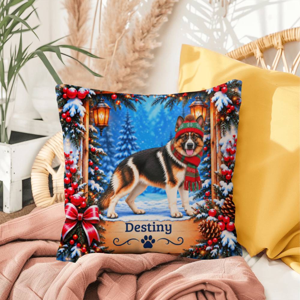 German Shepherd (Panda Piebald) - Personalized Winter Throw Pillow, Custom Name Gift for Dog Lovers