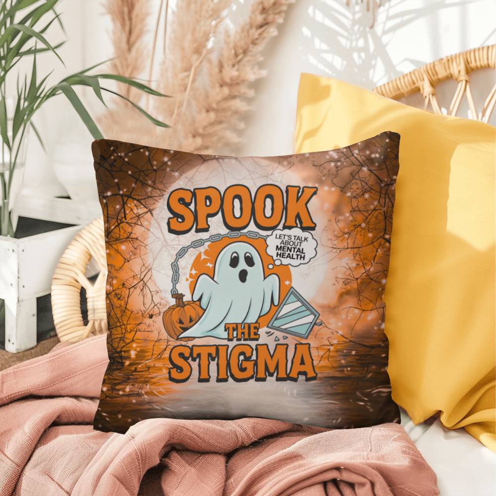 Ghost-themed indoor/outdoor Halloween pillow with “Spook The Stigma” for mental health awareness