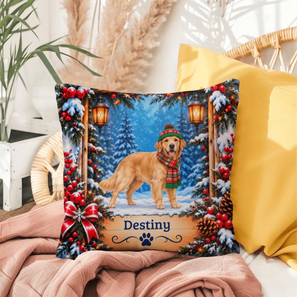 Golden Retriever (Light Golden Coat) - Personalized Snowy Woodland Pillow, Custom Dog Name Gift