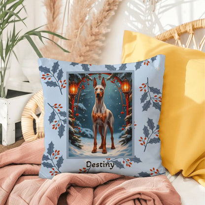 Doberman Fawn & Rust Pillow - Seasonal Doberman dog pillow, winter home accent, personalized holiday throw
