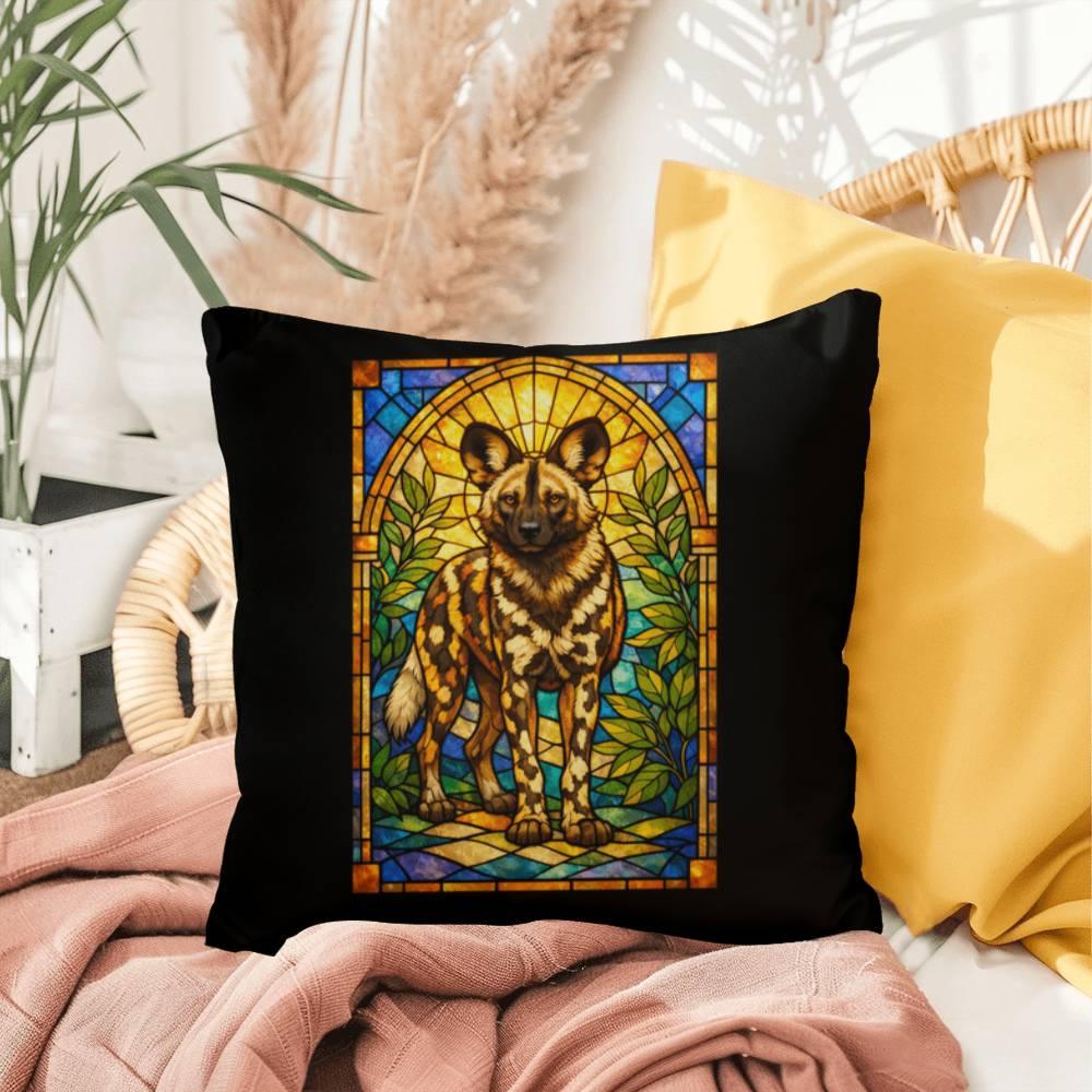 Shop our african wild dog stained glass style throw pillow featuring the 20" x 20" style option from MySisterIsASurvivor.