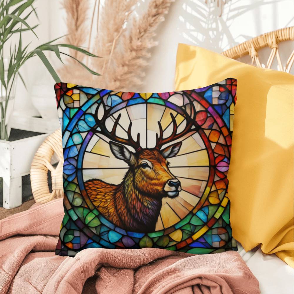 Deer stained glass throw pillow, woodland wildlife decor, indoor outdoor cozy home accent