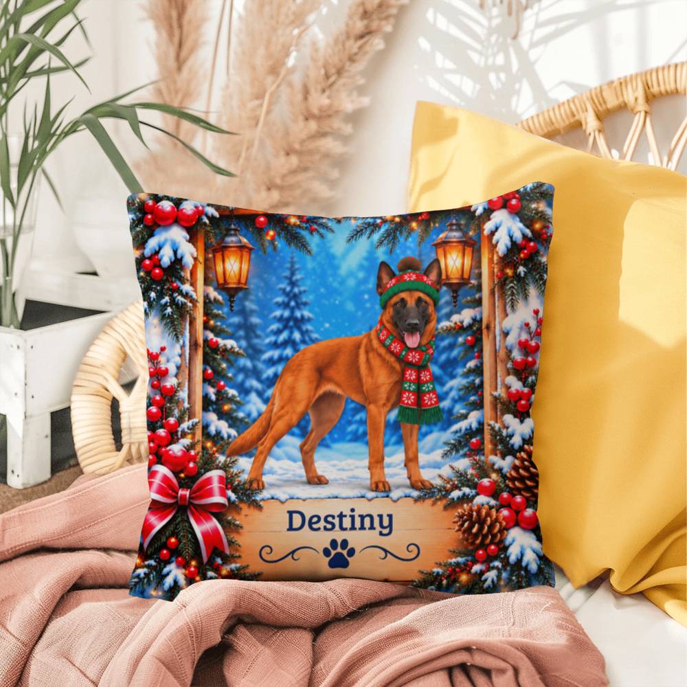 Belgian Malinois (Red Coat) - Personalized Winter Lodge Pillow, Indoor Outdoor Dog Name Gift