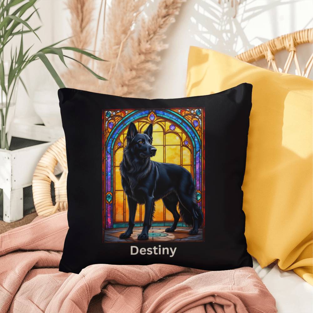 German Shepherd (Black) Indoor/Outdoor Pillow - Personalized Stained Glass Dog Tribute & Comfort Gift