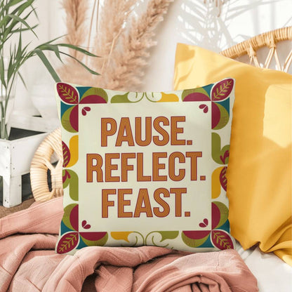 Pause. Reflect. Feast. pillow featuring Thanksgiving gratitude quote and cozy autumn home décor