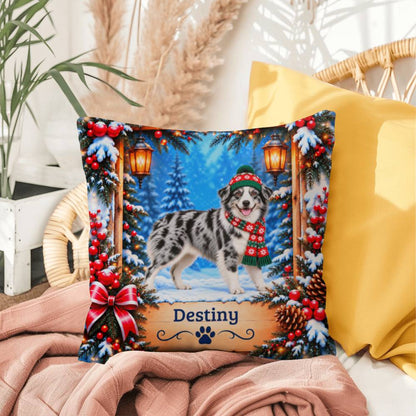 Australian Shepherd (Blue Merle & White Bi Coat) - Personalized Name Pillow, Snowy Forest Dog Gift