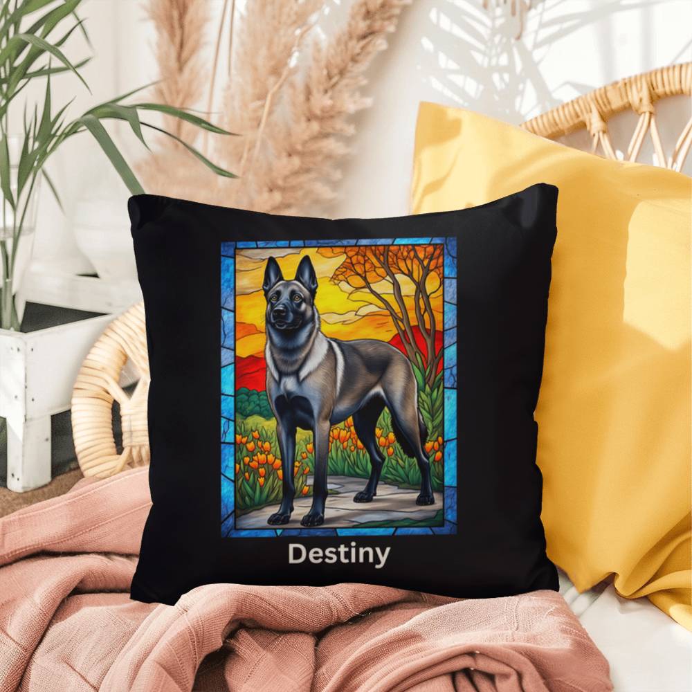 Belgian Malinois (Gray Sable) Indoor/Outdoor Pillow - Personalized Stained Glass Dog Tribute & Comfort Gift