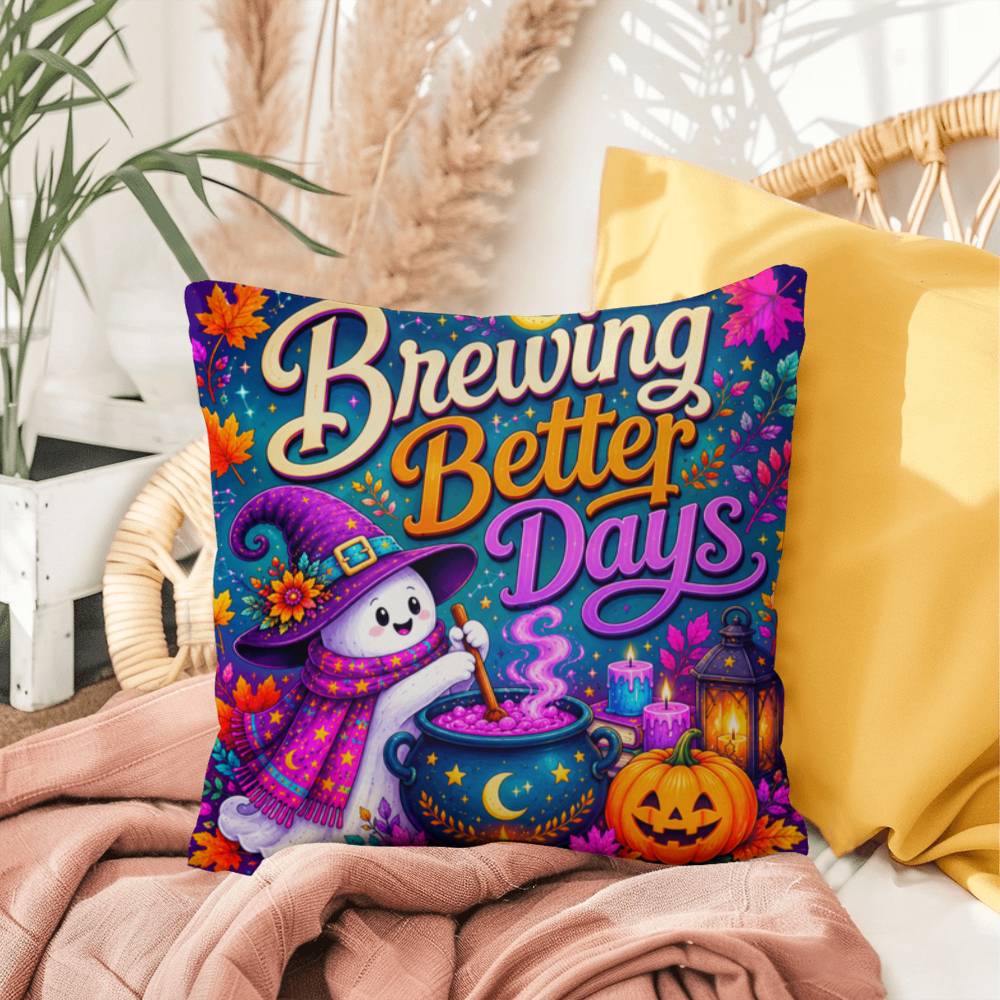 Brewing Better Days Halloween Throw Pillow - Witch Ghost Cauldron Healing Gift