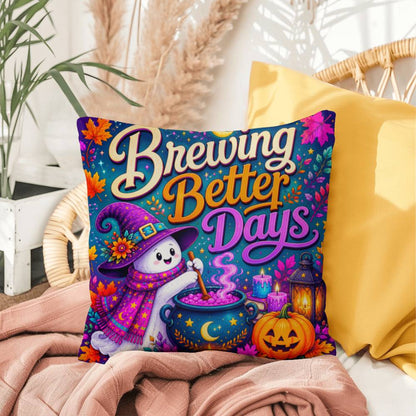 Brewing Better Days Halloween Throw Pillow - Witch Ghost Cauldron Healing Gift