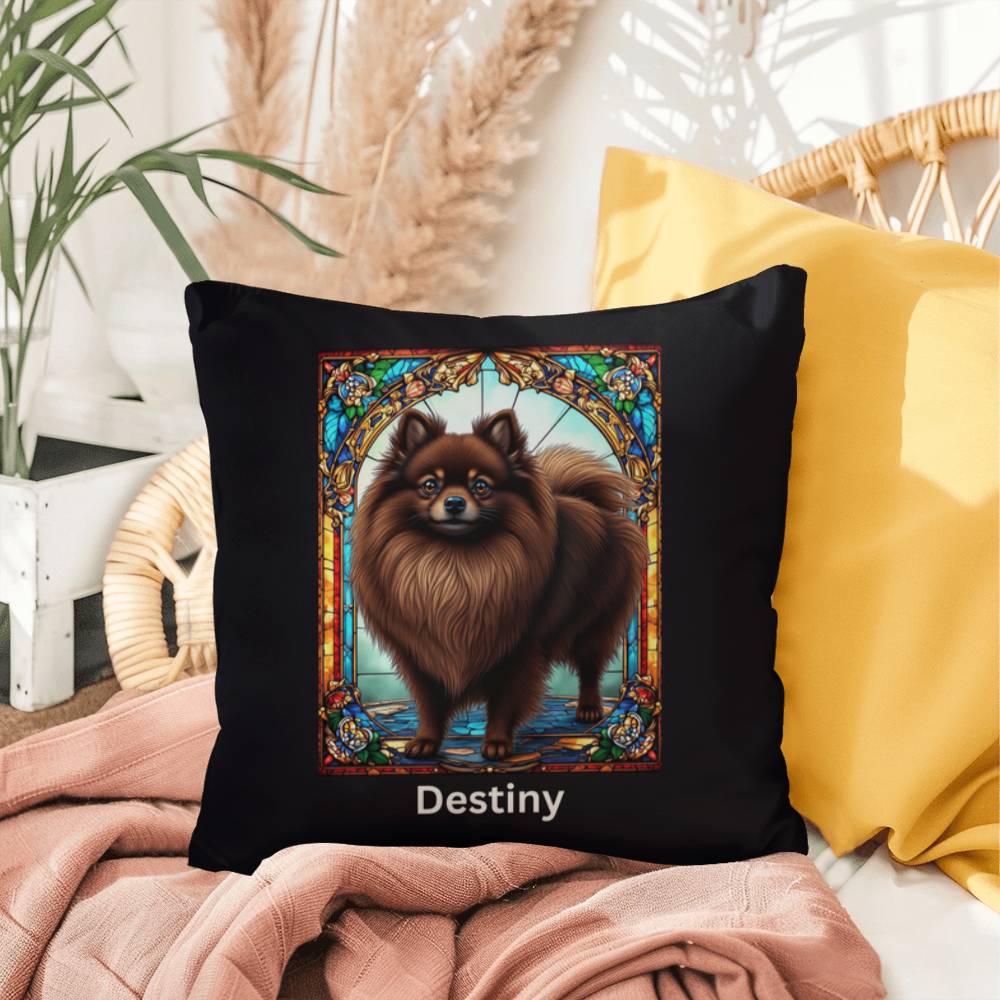 Pomeranian (Chocolate) Indoor/Outdoor Pillow - Personalized Stained Glass Dog Tribute & Comfort Gift