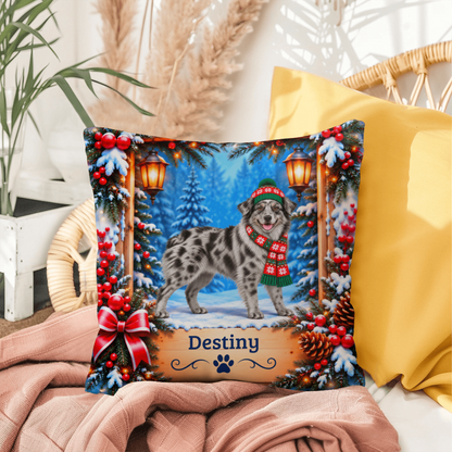 Australian Shepherd (Solid Blue Merle, Amber Eyes) - Personalized Name Pillow, Winter Woodland Decor