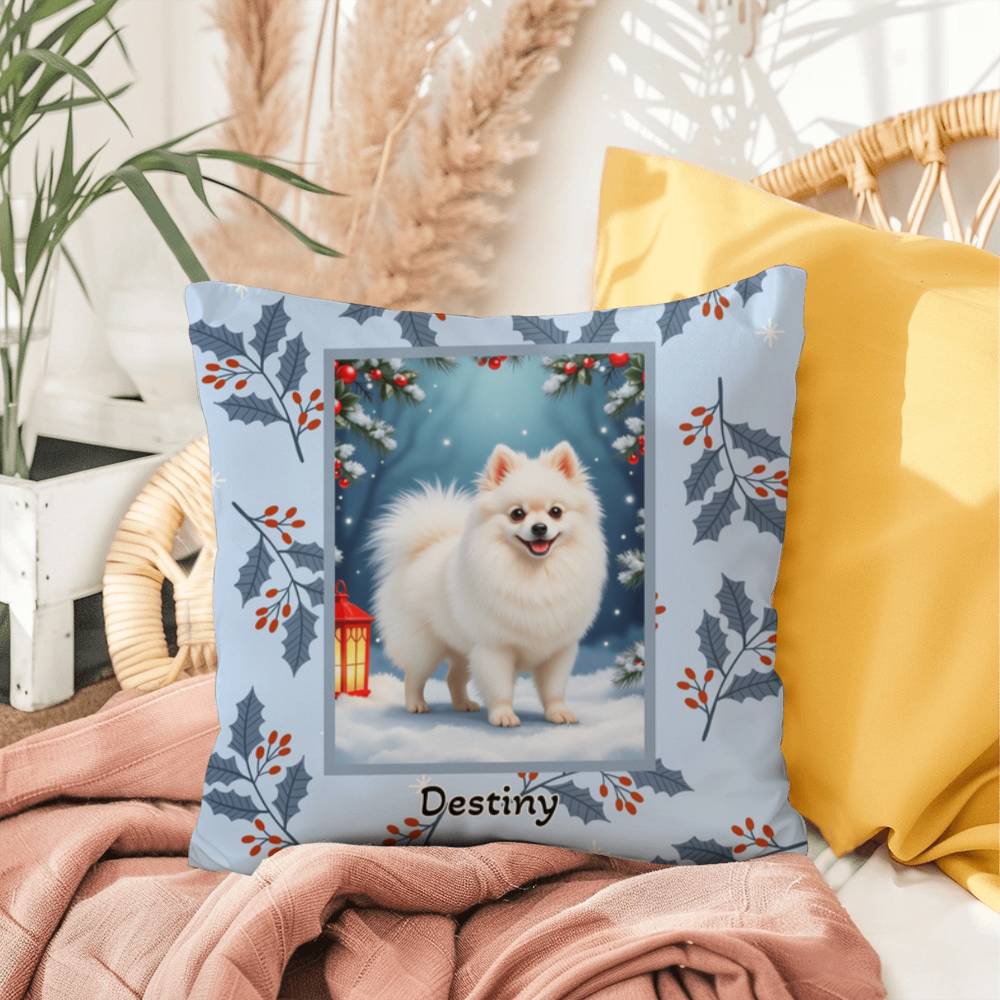Pomeranian White Pillow - Winter Pomeranian throw pillow, indoor dog accent, cozy home decor