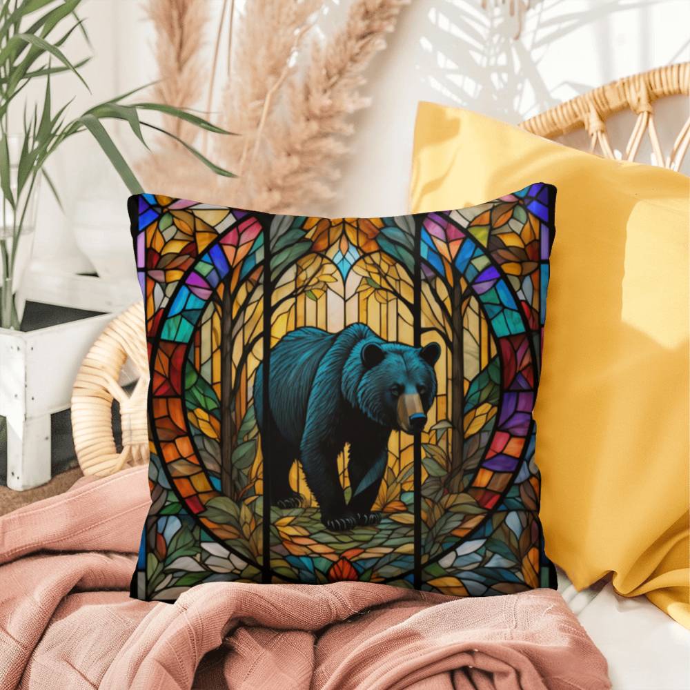 Bear stained glass throw pillow, indoor outdoor wildlife decor, cozy home accent for animal lovers