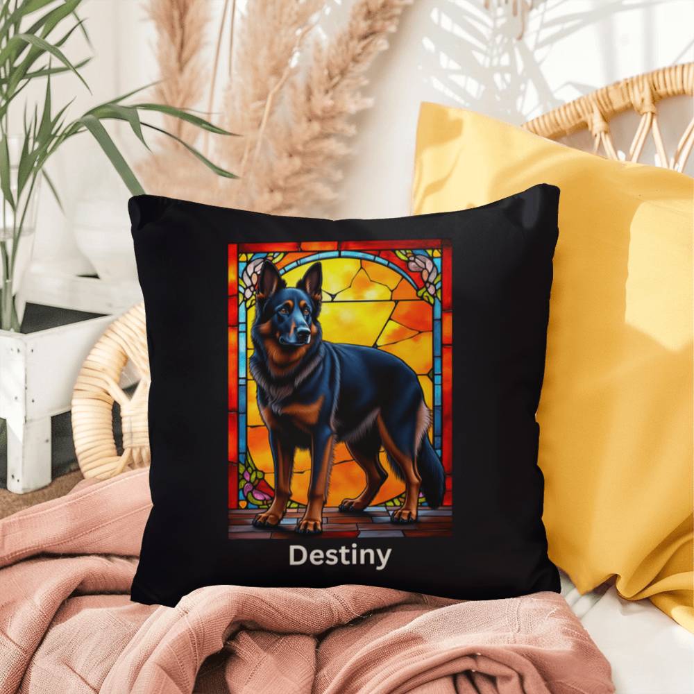 German Shepherd (Black and Red) Indoor/Outdoor Pillow - Personalized Stained Glass Dog Tribute & Comfort Gift