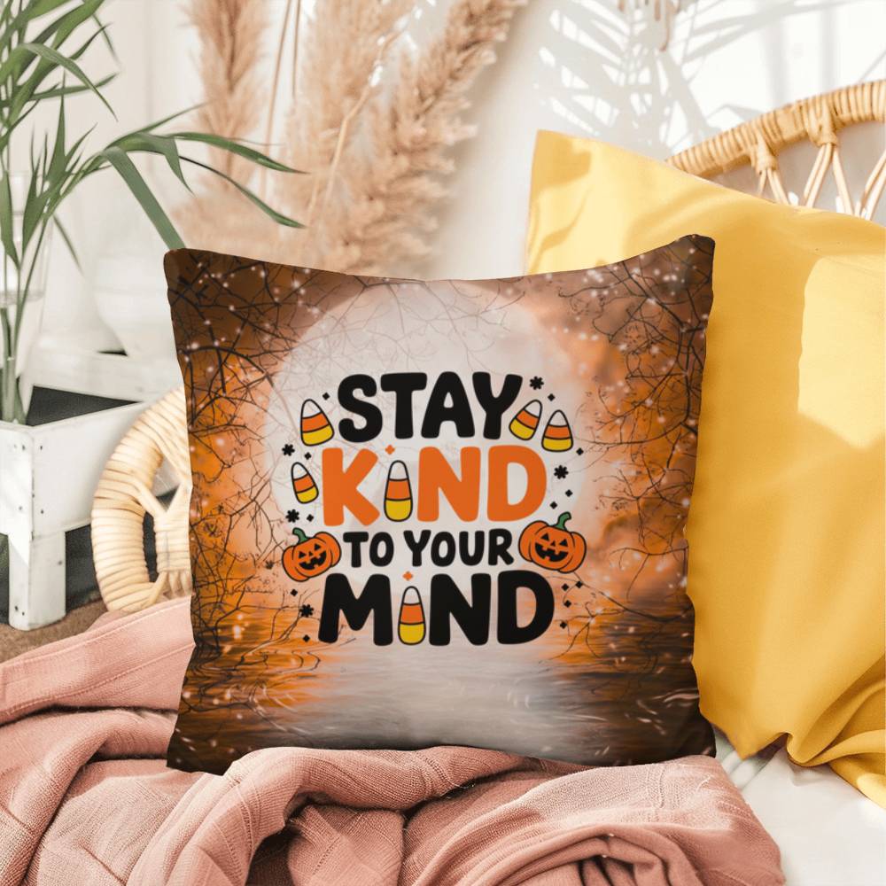 Indoor/outdoor throw pillow with “Stay Kind To Your Mind” promoting mental wellness