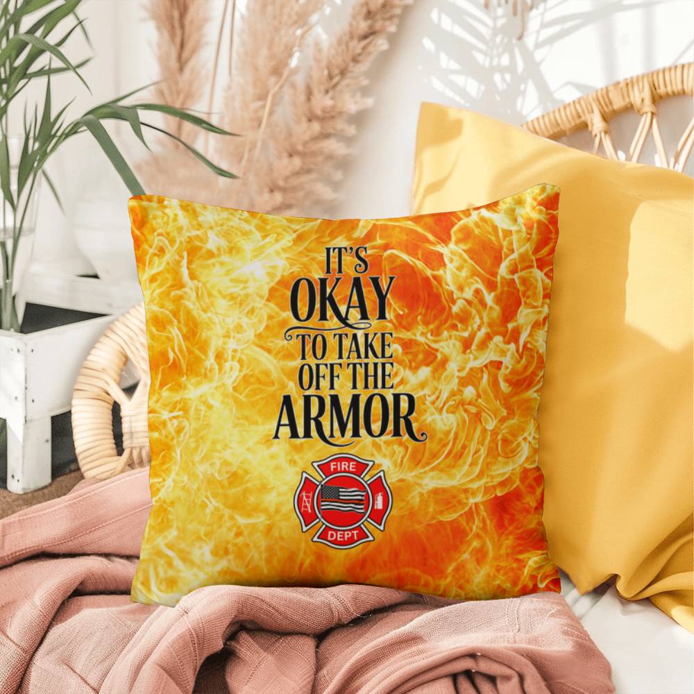 Pillow designed for first responders, encouraging them to take off their emotional armor and care for their mental health.