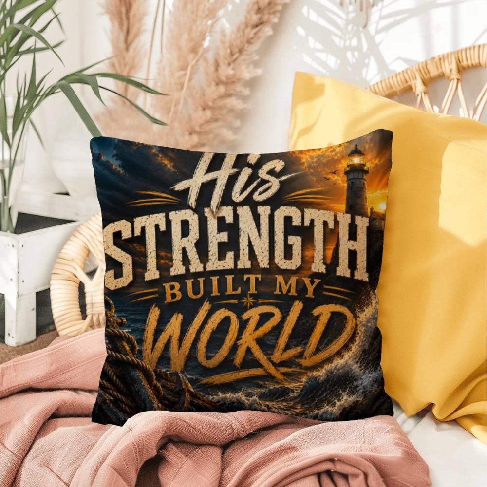 Shop our premium his strength built my world throw pillow from MySisterIsASurvivor.