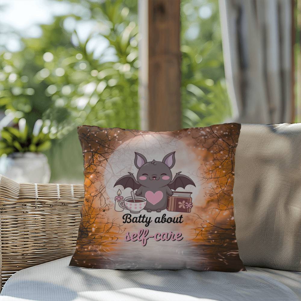 Halloween indoor/outdoor throw pillow with bats and “Batty About Self-Care” for mental health encouragement