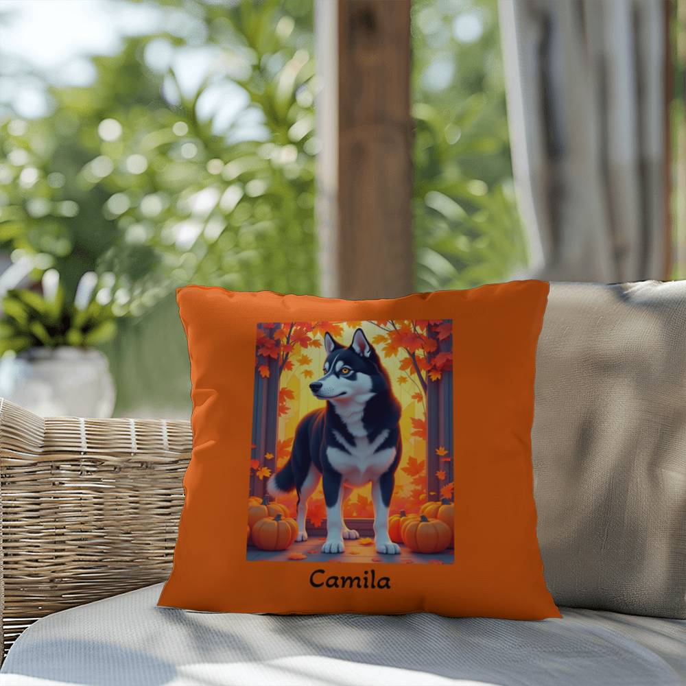 Siberian Husky Black & White Coat (Amber Eyes) Pillow, Indoor Outdoor Dog Cushion, Personalized