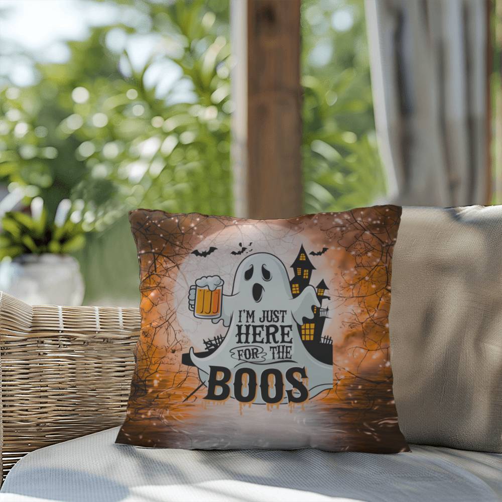 Ghost-themed indoor/outdoor Halloween pillow with “I’m Just Here For The Boos” for fun décor
