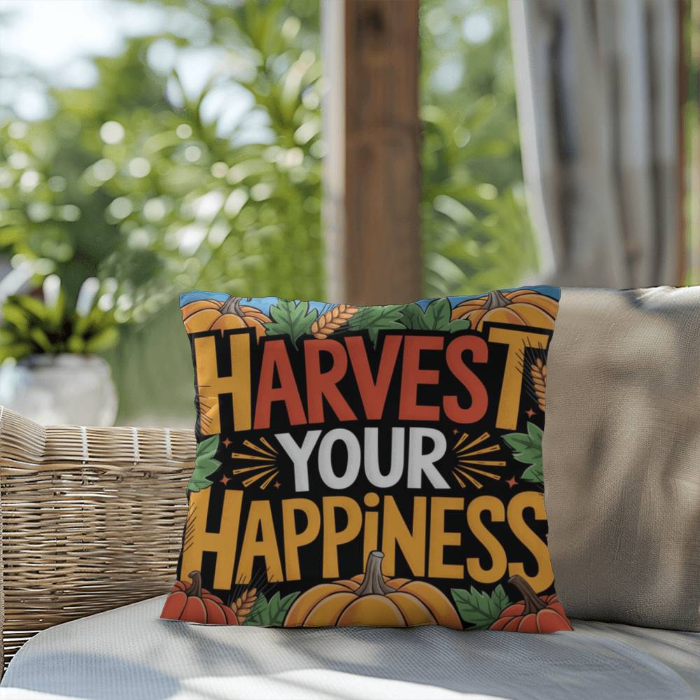 Harvest Your Happiness pillow in autumn hues with mindful Thanksgiving quote and cozy seasonal décor