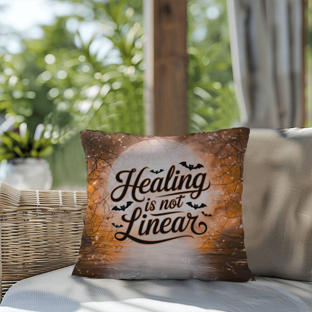 Mental health indoor/outdoor pillow with “Healing Is Not Linear” for self-care and positivity