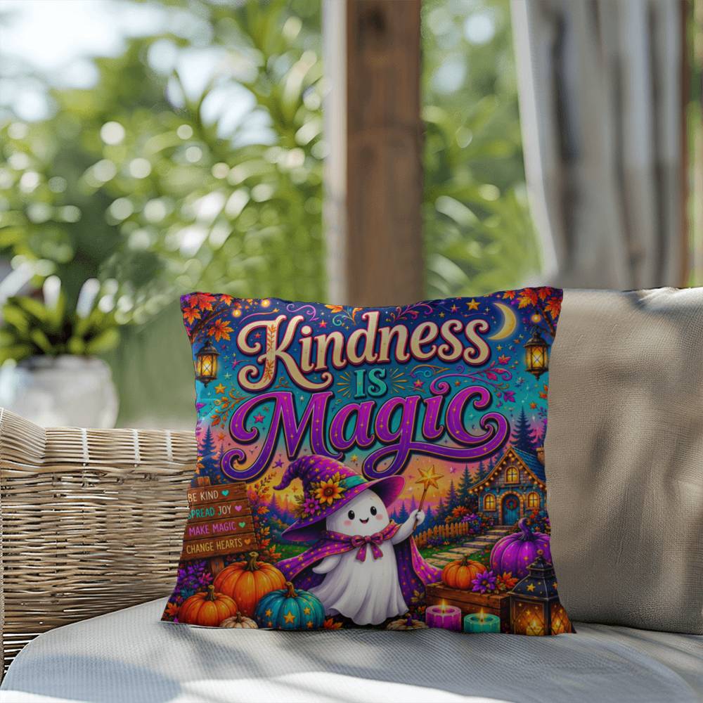 Kindness Is Magic quote with cheerful Halloween artwork on a positive decorative throw pillow