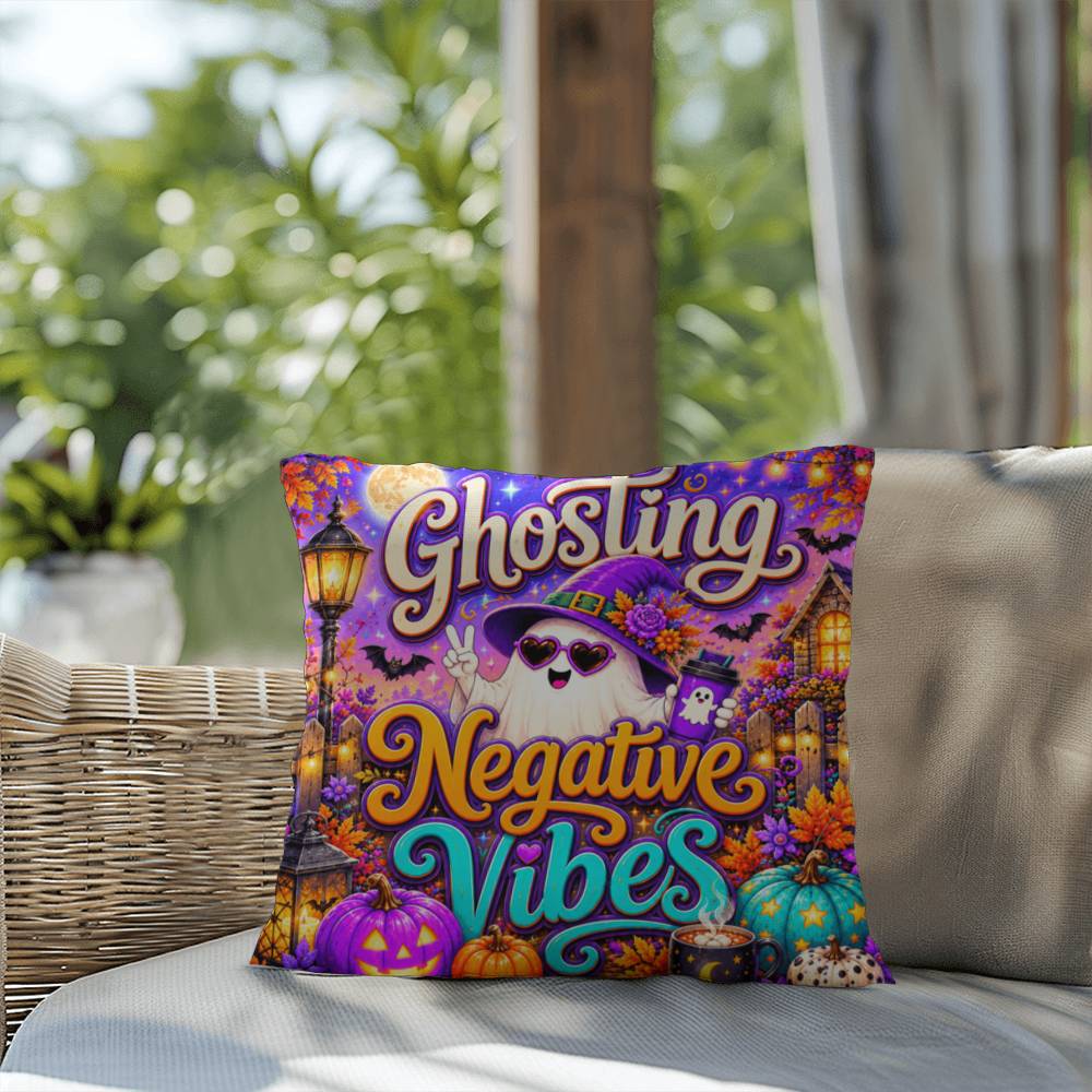 Ghosting Negative Vibes message with peace sign ghost artwork on a positive Halloween throw pillow
