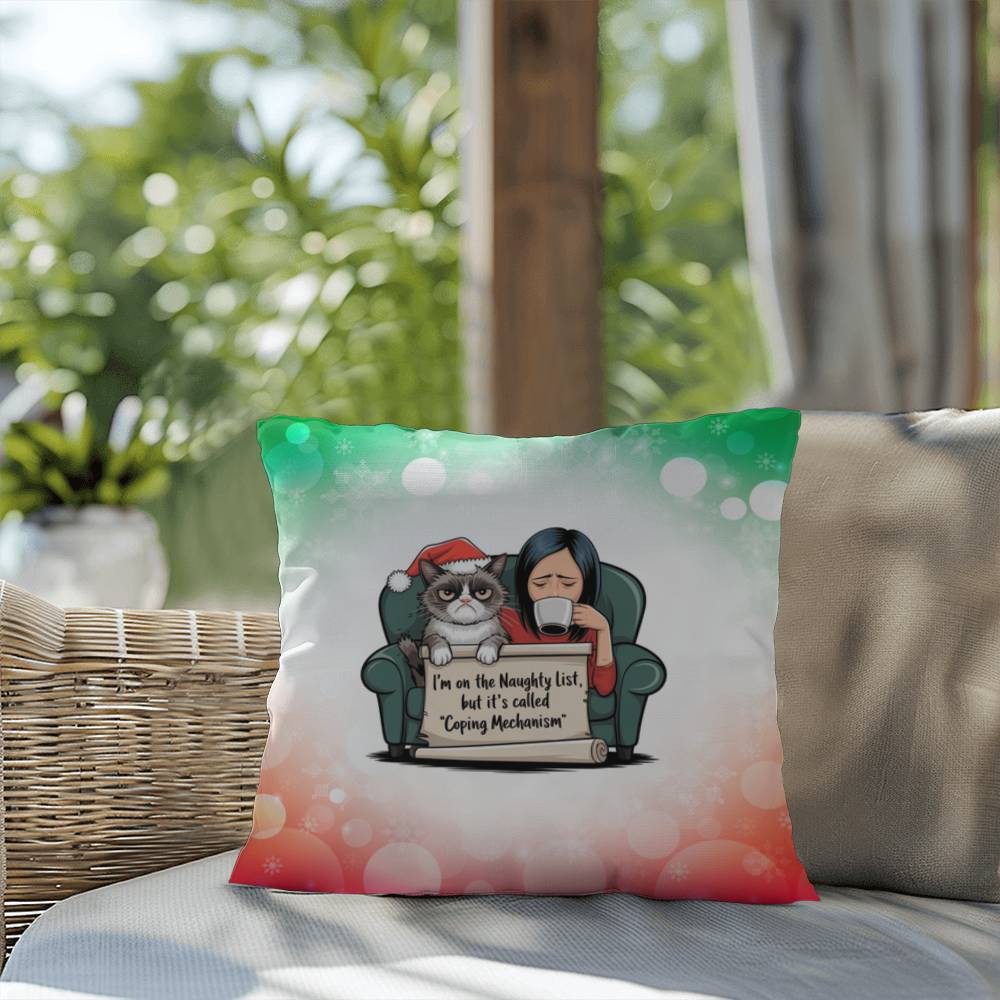 I’m on the Naughty List (Woman and Cat) Throw Pillow - Christmas humor gift pillow for home