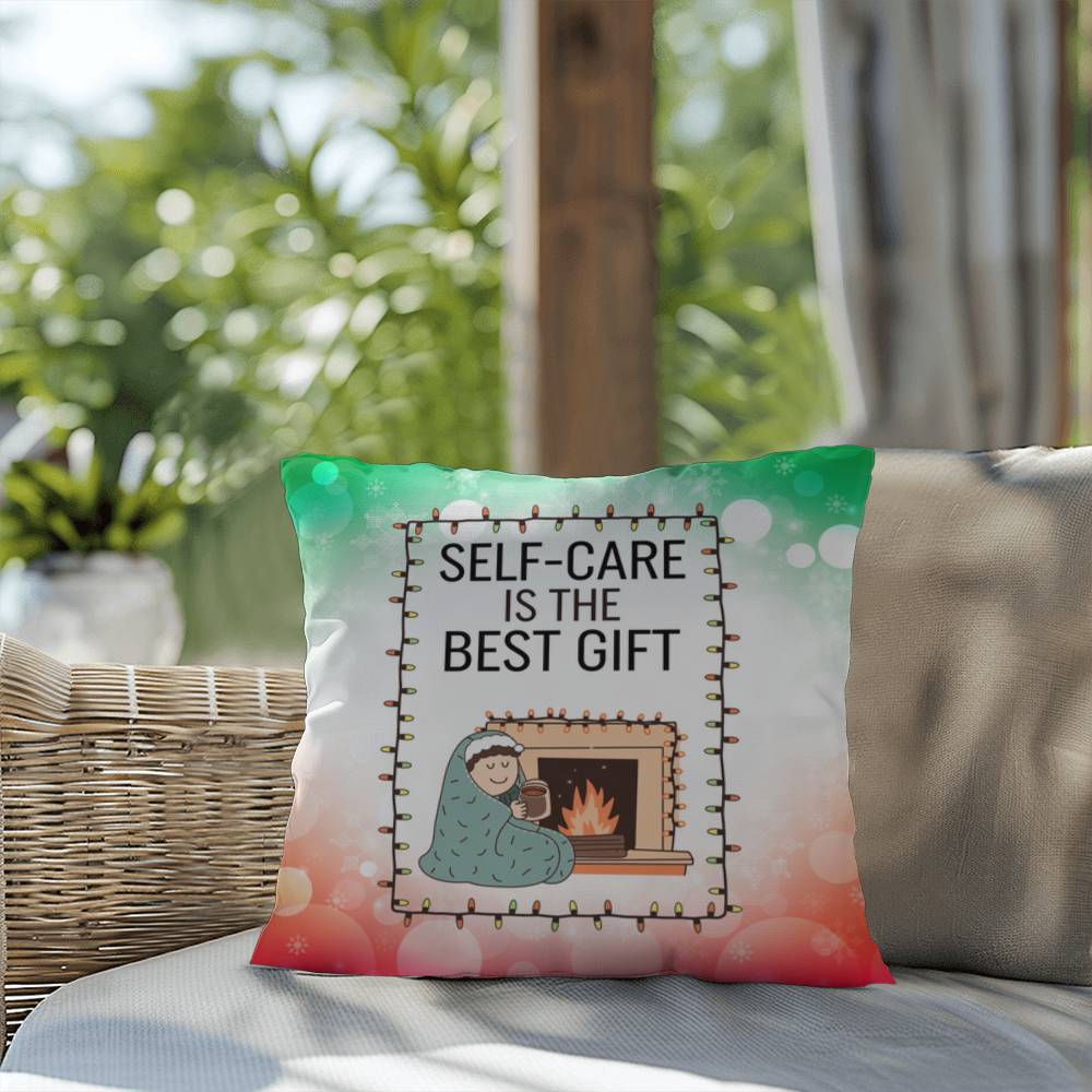 Self-Care is the Best Gift Throw Pillow - Holiday mental health cozy decorative Christmas pillow