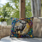 Reindeer stained glass throw pillow, holiday wildlife decor, indoor outdoor accent cushion