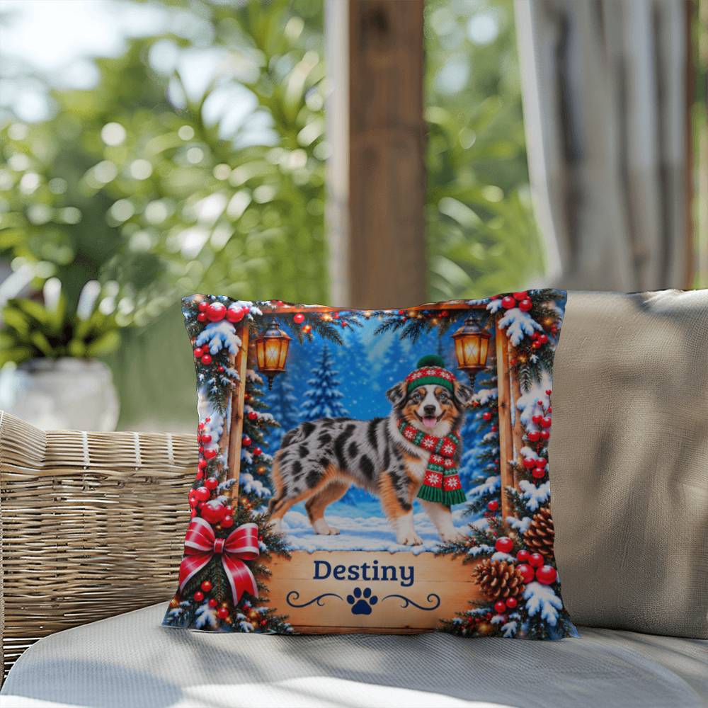 Australian Shepherd (Blue Merle Tri Coat) - Personalized Blue-Eyed Aussie Pillow, Winter Dog Gift