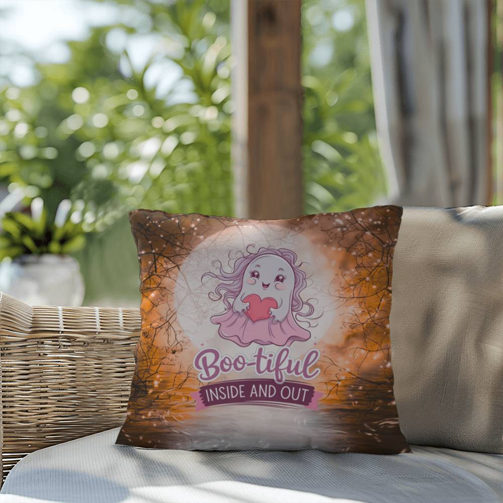 Halloween indoor/outdoor pillow with a cute ghost and “Boo-tiful” for mental health and seasonal charm