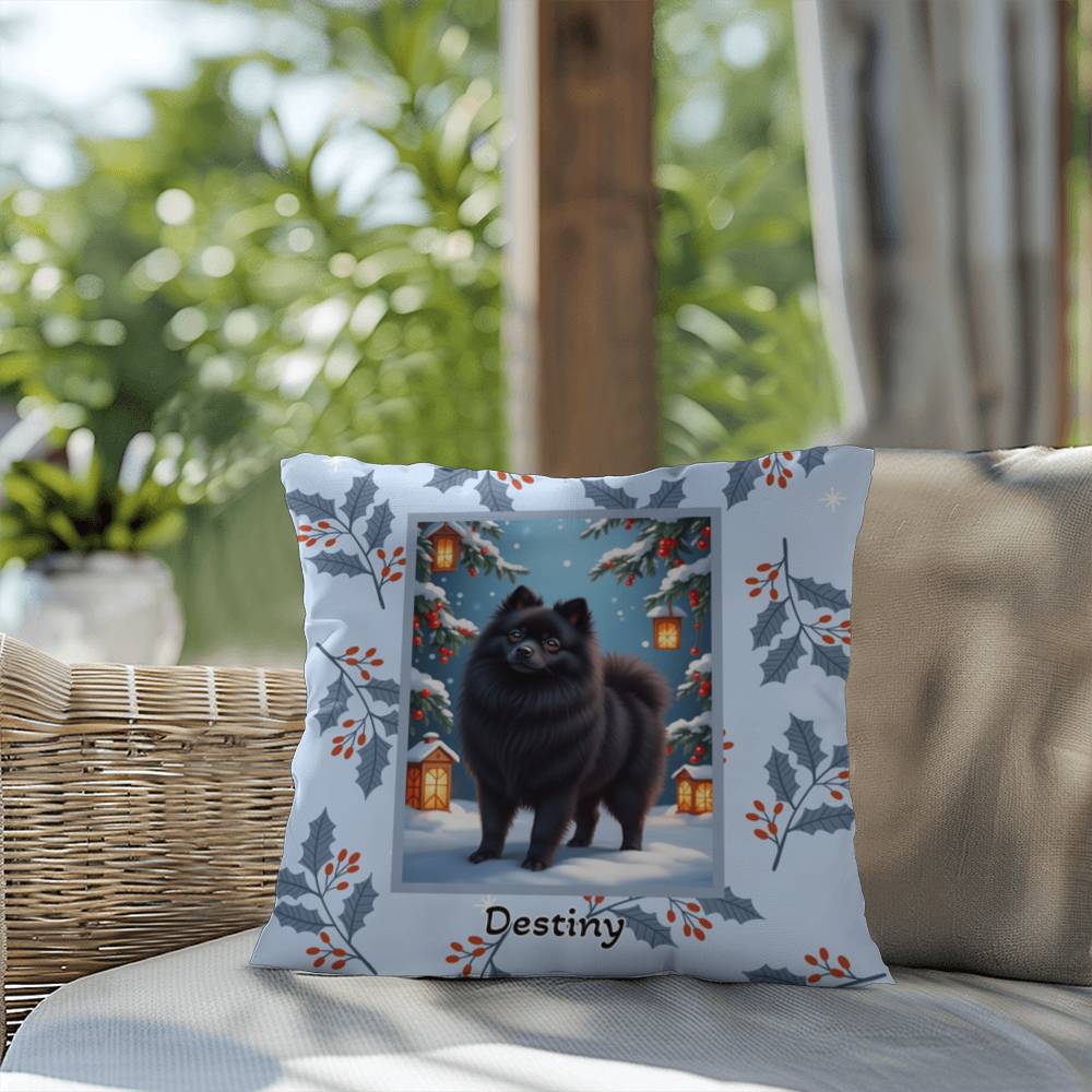 Pomeranian Black Pillow - Fluffy Pom pillow, indoor/outdoor winter dog throw, seasonal accent