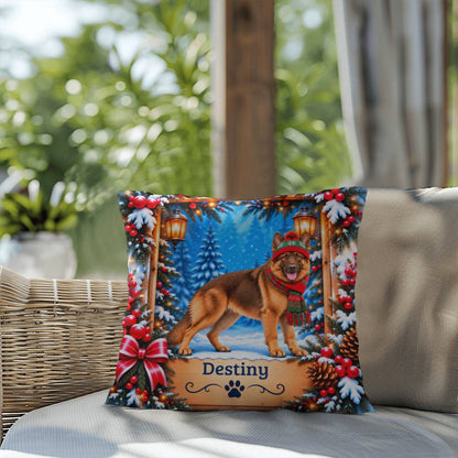 German Shepherd (Liver & Tan Coat) - Personalized Dog Name Pillow, Cozy Woodland Winter Decor