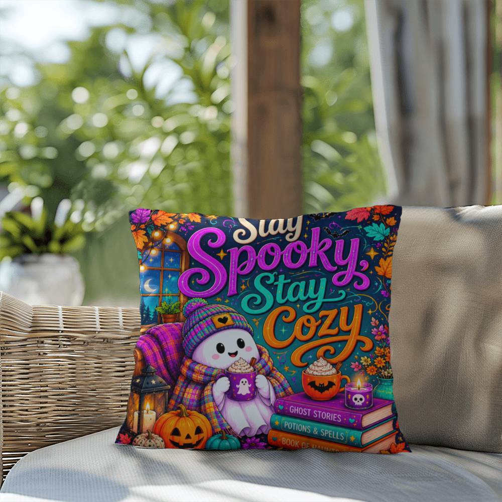 Stay Spooky Stay Cozy quote with ghosts and books on a Halloween throw pillow