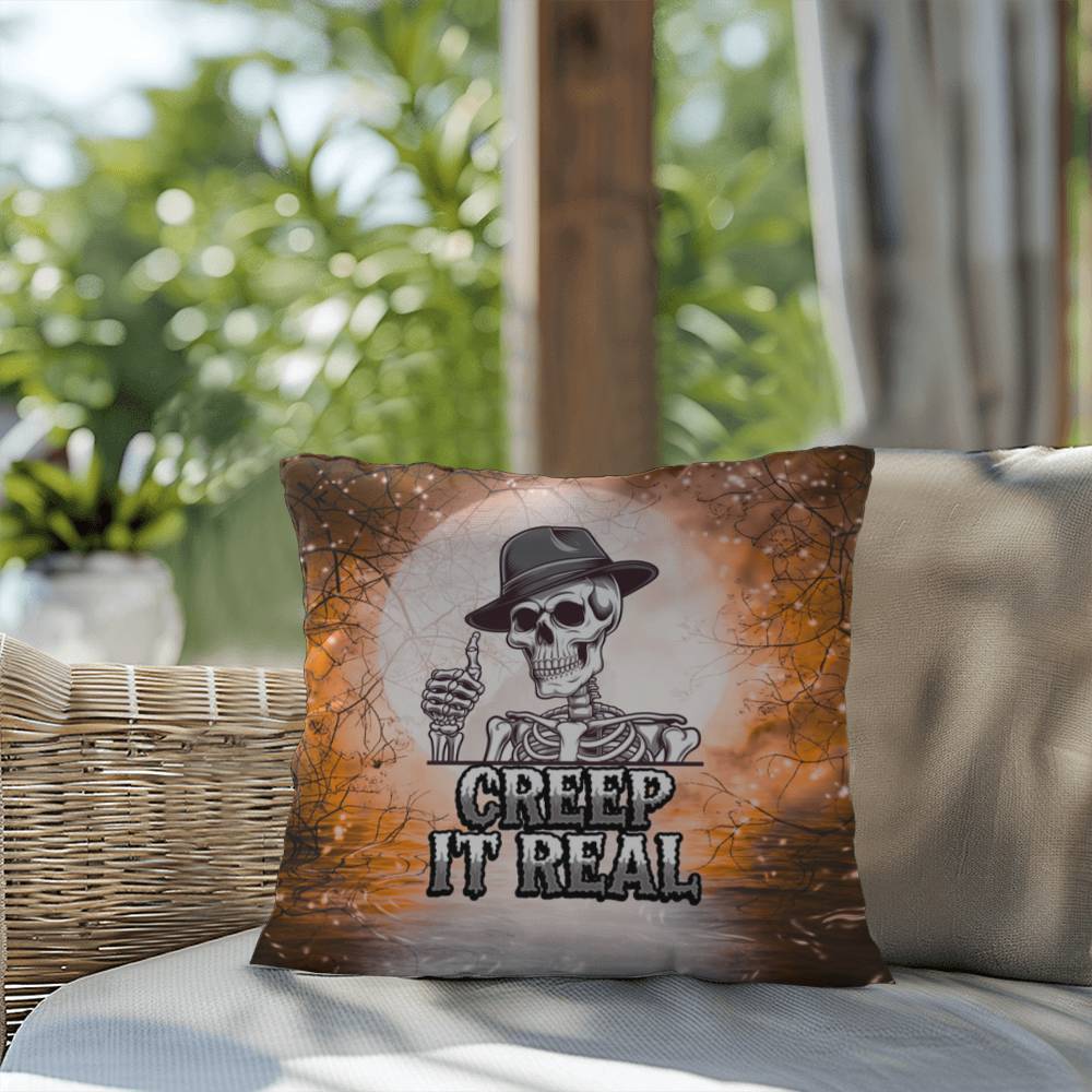 Funny Halloween indoor/outdoor pillow with “Creep It Real” for seasonal humor and décor