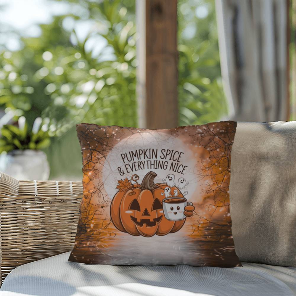 Halloween indoor/outdoor throw pillow with pumpkin spice theme for cozy fall décor