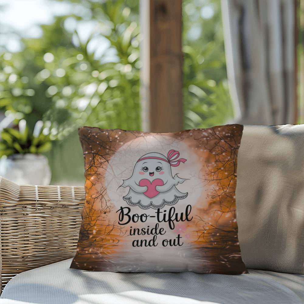 Indoor/outdoor Halloween pillow with “Boo-tiful Inside & Out” promoting positivity and self-love