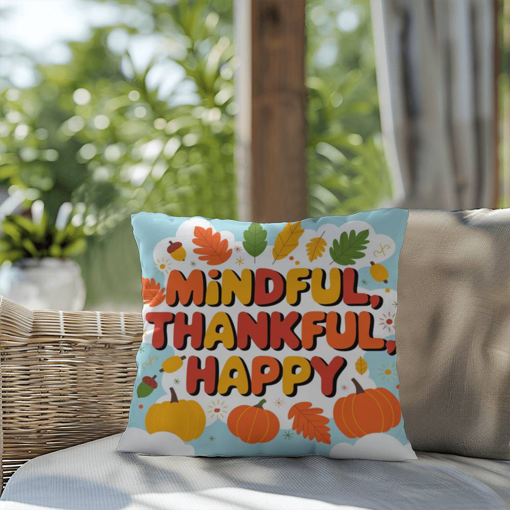 Mindful, Thankful, Happy throw pillow with uplifting fall mindfulness message for seasonal décor