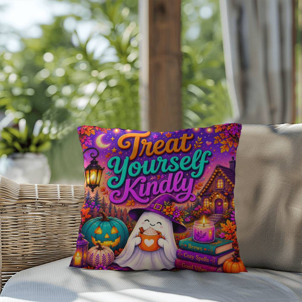 Treat Yourself Kindly message with self care inspired Halloween artwork on a decorative pillow