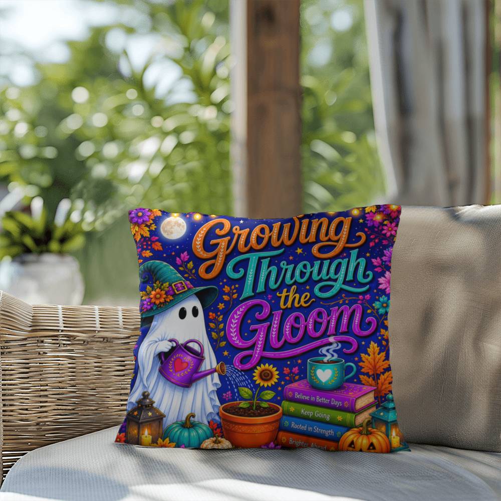 Growing Through The Gloom Halloween Throw Pillow - Trauma Recovery Survivor Gift