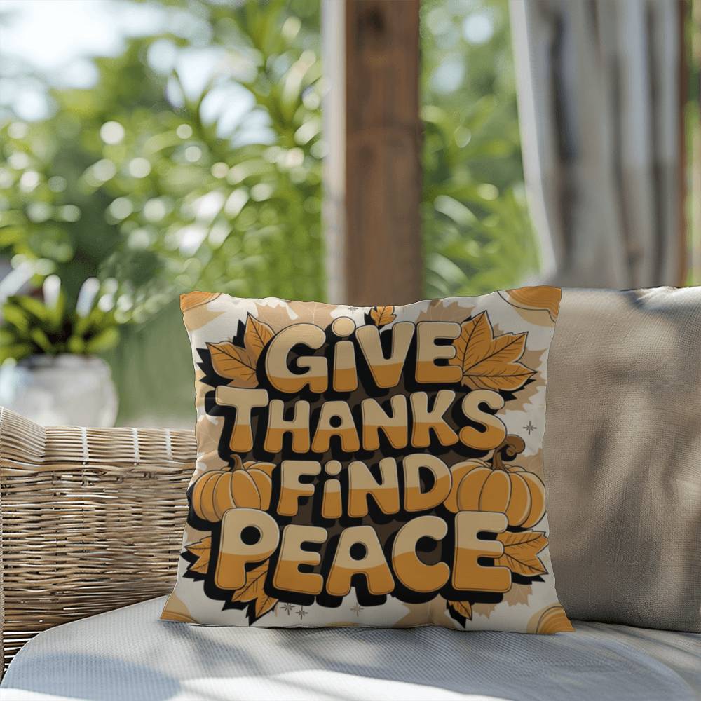 Give Thanks, Find Peace throw pillow with mindful Thanksgiving quote and vibrant autumn décor colors