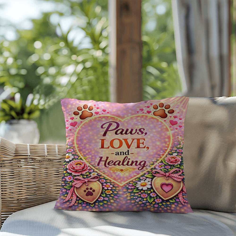 Shop our premium paws love and healing throw pillow from MySisterIsASurvivor.