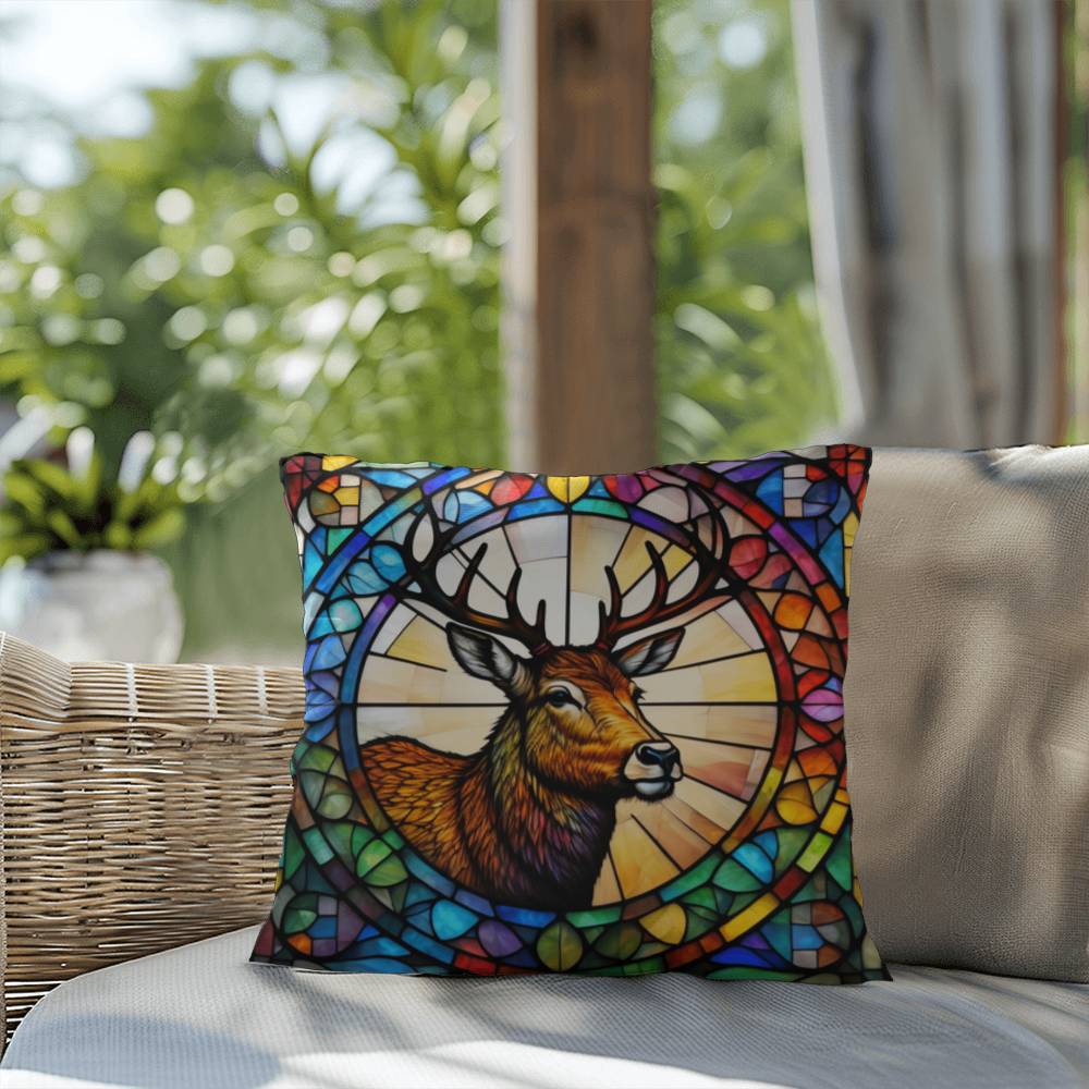 Deer stained glass throw pillow, woodland wildlife decor, indoor outdoor cozy home accent