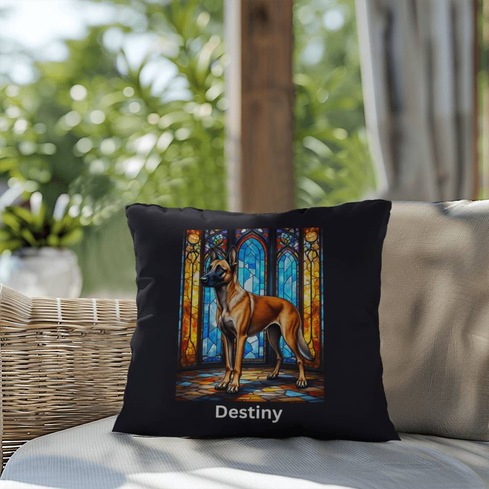 Belgian Malinois (Mahogany) Indoor/Outdoor Pillow - Personalized Stained Glass Dog Tribute & Comfort Gift