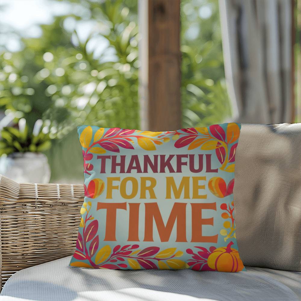 Thankful For Me Time throw pillow with fall mindfulness message and bright cozy home décor
