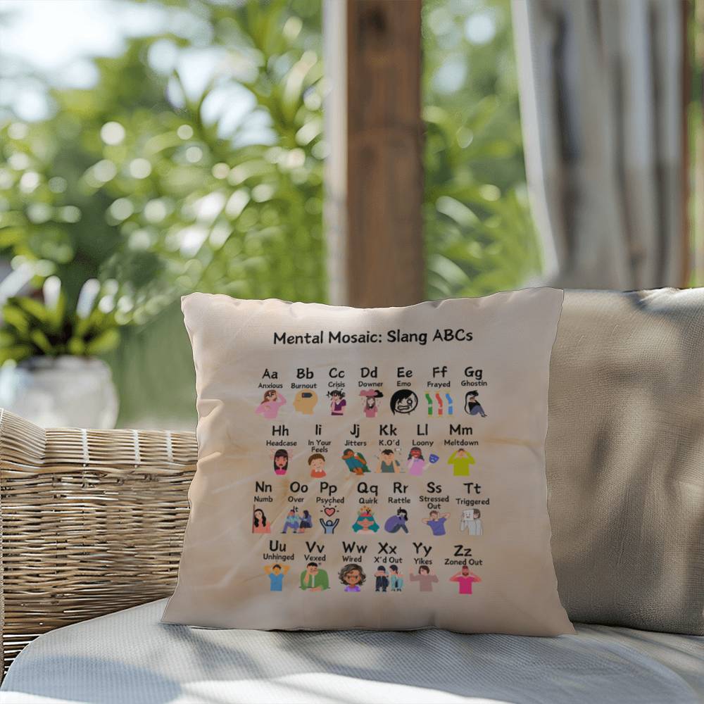 Mental Mosaic: Indoor/Outdoor Pillow - Mental Health Slang From A to Z for Positivity, Awareness & Support